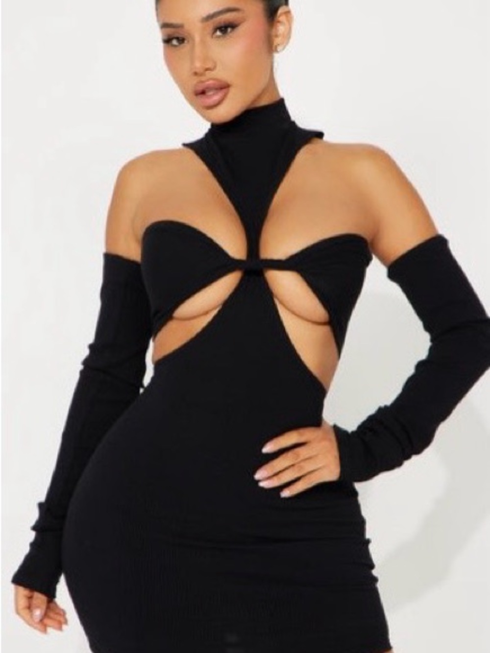 Fashion Nova Black Cutout High-Neck Bodycon Top with Detachable Sleeves